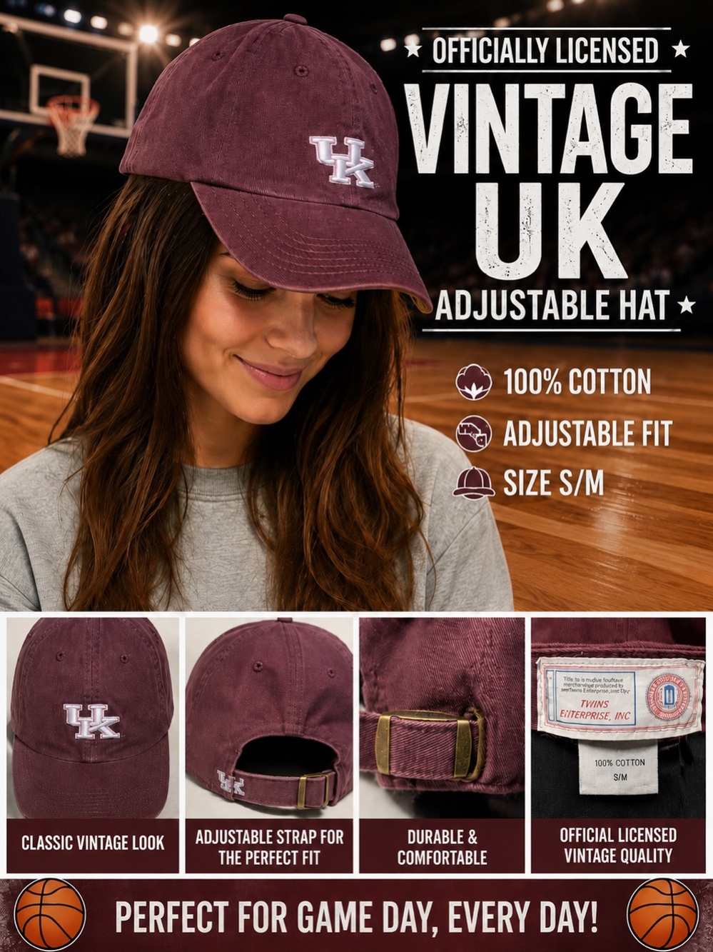 UK Adjustable Embroidered Baseball Cap Size S/M—Brown with Pink/White Logo